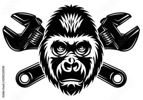 Majestic Gorilla Head with Crossed Wrenches Graphic Design for Mechanics and Automotive Repair Services.