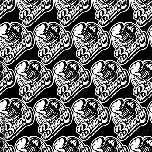 Seamless Pattern of Brewery Lettering with Beer Mugs for Craft Beer Packaging and Pub Decor