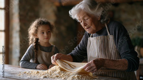 Cricket flour dusted over handmade pasta dough by a weathered grandmother in a sunlit farmhouse kitchen, her granddaughter watching with cautious curiosity as insect protein