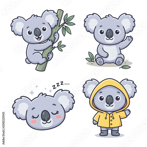 Photography Adobe Cute koala bear cartoon character sticker set with climbing waving sleepy