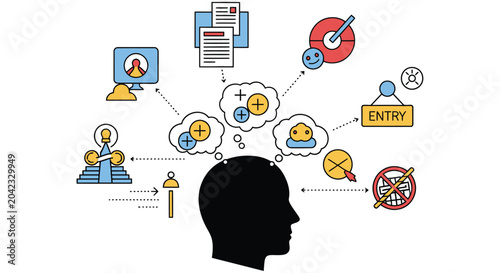 Photos A human head surrounded by icons representing thoughts ideas and processes