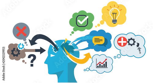 Foto Human head with thought bubbles representing ideas decisions and problem solving
