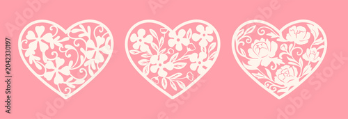 Beautiful floral lace silhouette vector heart. Heart stencil. Wedding and valentine illustration. Cute floral frame pattern