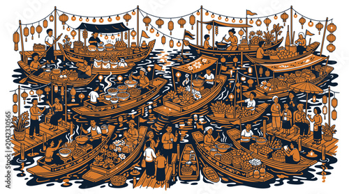 Photos Traditional boats gathered at a serene harbor during a cultural festival showcasing vibrant orange hues and intricate designs on a calm body of water