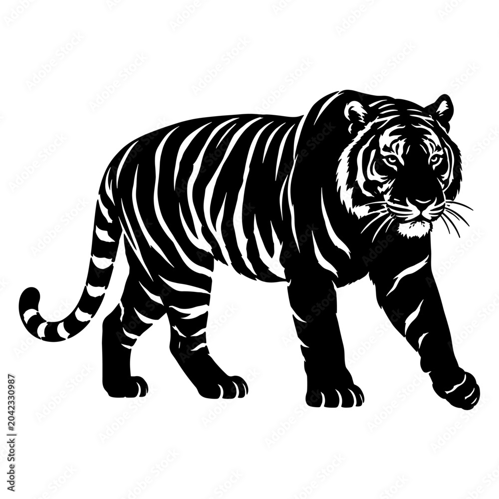 Obraz premium Tiger walking in enclosure silhouette at dawn, concept of wildlife conservation