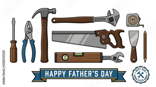 Collection of hand tools for father day card featuring hammer and saw, carpentry