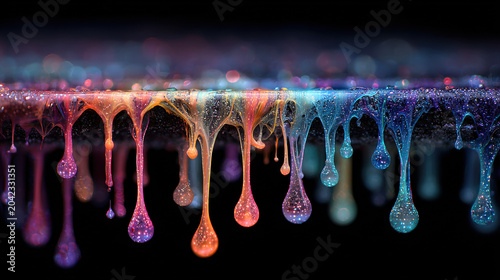 Colorful neon dyes swirling in water creating glowing, vibrant drop effects.