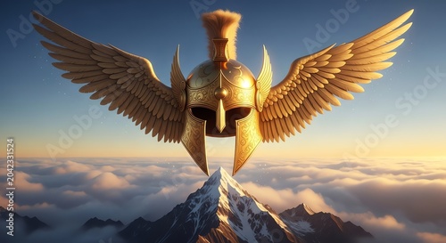 Golden Spartan helmet with large feathered wings floating above snowy mountain peaks during golden hour sunset lighting cinematic style