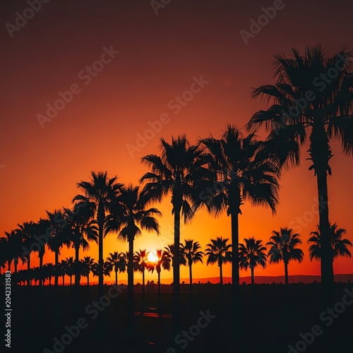 A scenic row of palm trees silhouettes against a vibrant orange sunset sky in a tropical coastal landscape setting