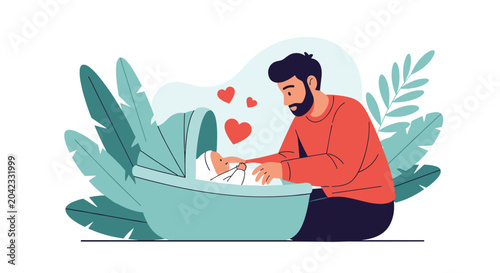 Loving father gazes down at his newborn baby sleeping in a turquoise bassinet, with red hearts floating above to show parental affection.