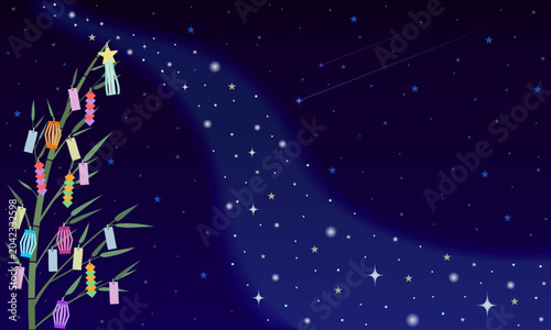 七夕飾りと美しい天の川の流れる星空背景イラスト／Beautiful Starry Night Sky with Milky Way and Decorated Bamboo for Japanese Tanabata Star Festival background vector