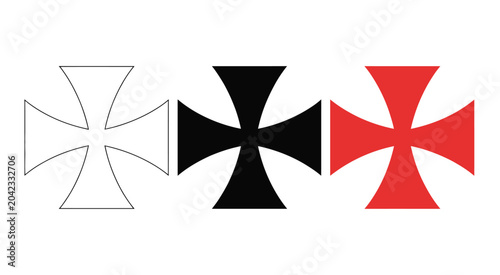 Foto heraldic cross pattée icon collection, cross patty and cross  symbols, medieval and gothic style emblems, outline filled and red variants, classic religious and decorative vector design