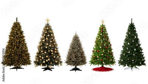 Five artificial christmas trees in varying styles with lights as cut out PNG
