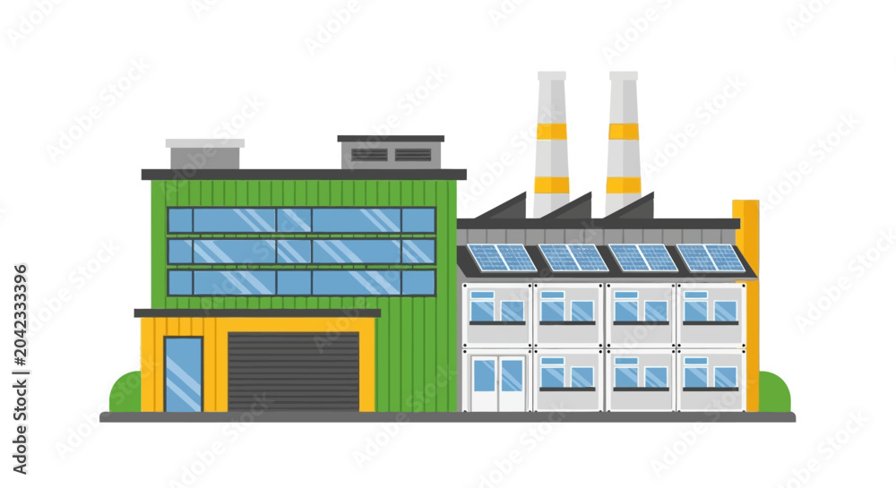 Obraz premium Modern Eco-Friendly Industrial Factory Building Illustration with Solar Panels and Smokestacks. Sustainable Green Manufacturing Plant Vector Design on White Background.