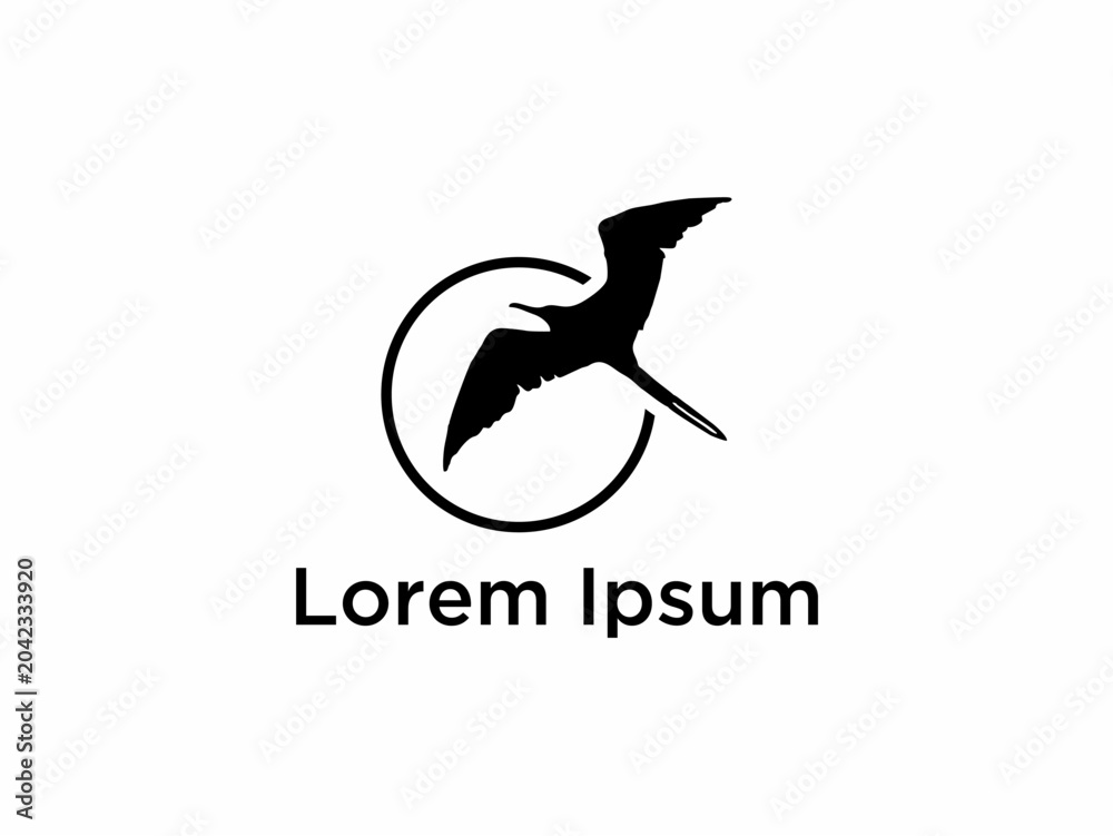 Obraz premium A minimalist logo illustration features a flying bird encircled with text.