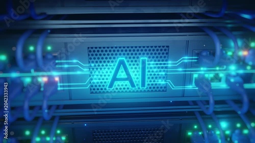 Angled 3D render of AI text glowing on server rack panel with blue and green LED lights, circuit lines, and ethernet cables. AI data center infrastructure for cloud, machine learning, and IT