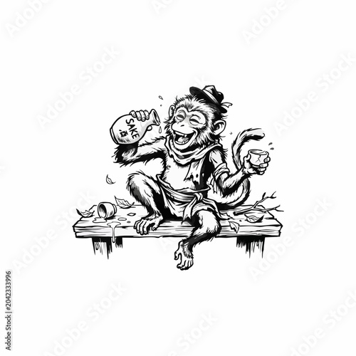 Canvas Print A cartoon monkey sits on a wooden platform holding a skull and a fruit in a jungle environment