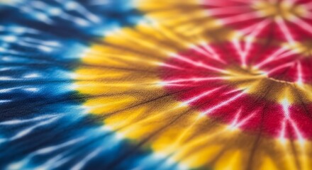 Vibrant abstract spiral pattern with blue, yellow, and red dye on fabric