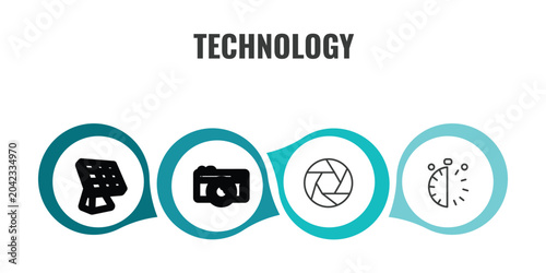 technology outline icon set. thin line frontal solar panel, camera front view, camera shutter, half hour icons. editable vector