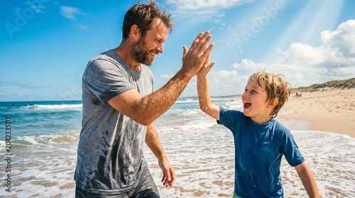 Father and young son sharing joyful high-five on sunny beach, celebrating summer vacation with ocean waves and splashing water, playful bonding, parenting, outdoor family travel.