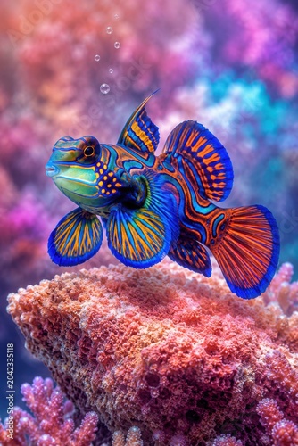 Mandarin fish hovering above coral with vivid neon reef colors