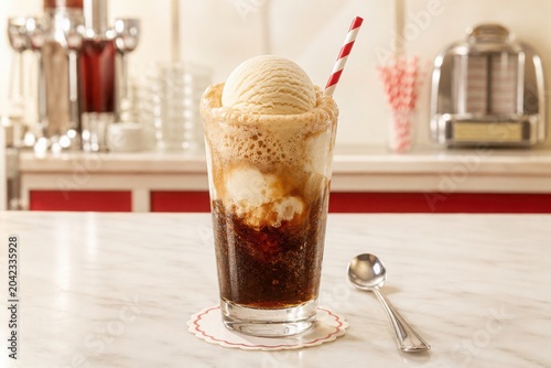 Root beer float with vanilla ice cream in retro soda fountain glass