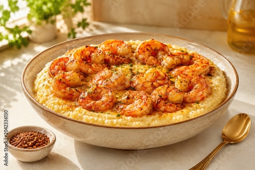 Shrimp and grits bowl with Cajun butter in warm southern comfort style