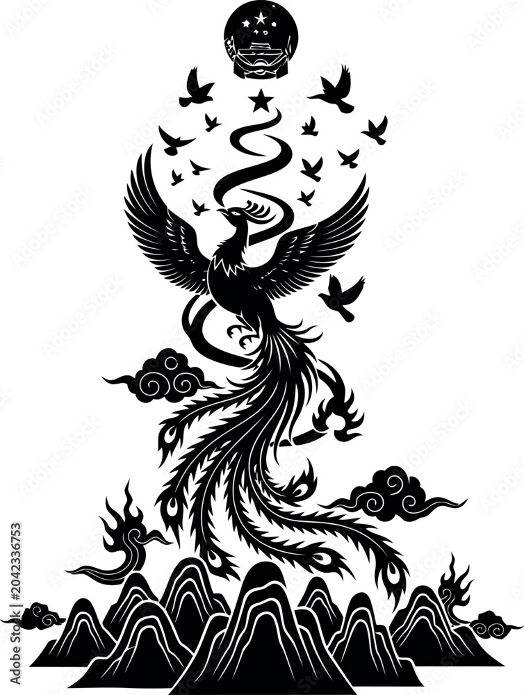 Fototapeta premium Majestic mythical phoenix bird with intricate feathers and flying birds illustration
