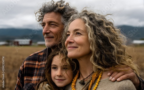 Multi-generational family with curly hair posing in a rural, golden field, looking optimistically into the distance together.