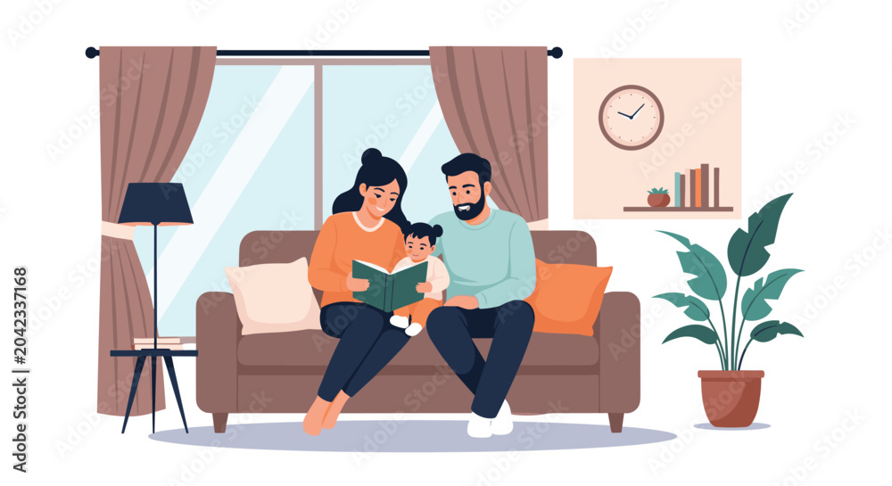 Fototapeta premium Happy family with a mother, father, and toddler sitting on a cozy sofa while reading a book together in their living room at home.