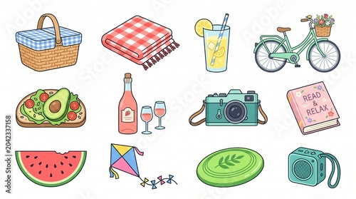 Summer Picnic and Leisure Icon Set with Basket Bicycle Wine Watermelon and Book on White Background