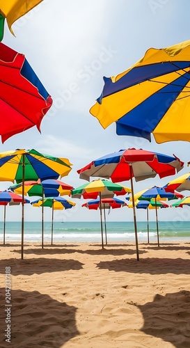 Vibrant beach umbrellas create a colorful, festive atmosphere against a bright sky and ocean