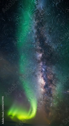 Vibrant aurora dances across the Milky Way, illuminating a dark, starry night