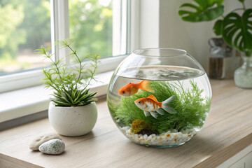 Goldfish Aquarium Bowl by Window – Modern Home Decor and Pet Fish Photography