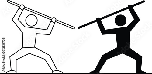 Foto Minimalist stick figure duel concept showing two opposing fighters holding staff