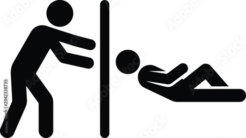 Quadro su tela Minimalist stick figure concept showing person pushing barrier and another lying
