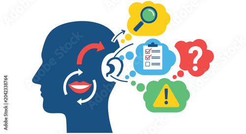 Tableau sur toile Human head silhouette with icons representing thoughts processes and emotions