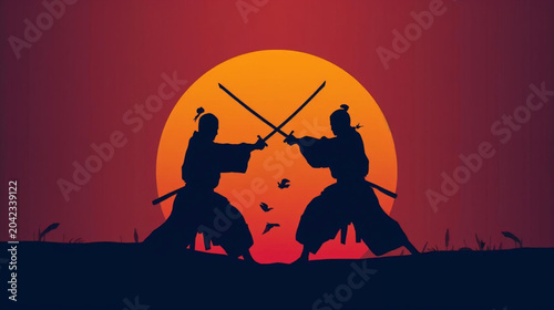 Schilderij op canvas silhouette two samurais fighting in sunset