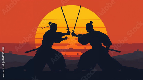 Foto silhouette two samurais fighting in sunset