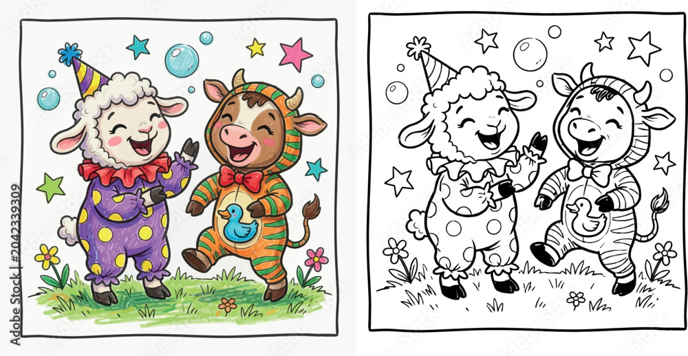 Fototapeta premium Adorable Cartoon Lamb and Cow in Costumes Playing Together