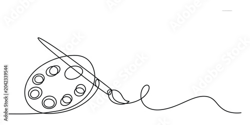 Continuous one line drawing of a paint palette and a paintbrush Vector, illustration