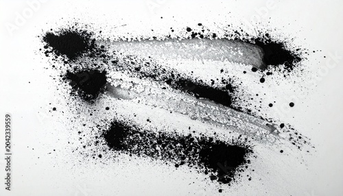 Abstract Black Powder and Pigment Smears with Splatters on White Background