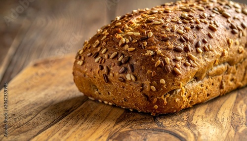 Artisanal loaf of seeded bread on wooden surface