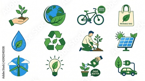 Ecology and Green Energy Icon Set with Sustainable Recycle Solar Panel Electric Car and Wind Turbine on White Background