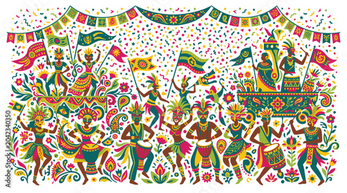 Foto Vibrant cultural festival dancers with colorful costumes and flags lively celebration scene with dynamic movements