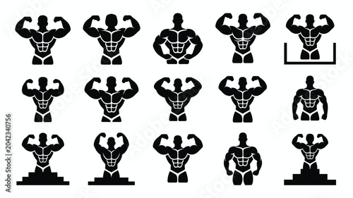 Fotografía Set of 15 Black Bodybuilder Silhouettes Vector Icons