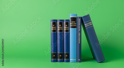Set of blue hardbound books on a vibrant green background
