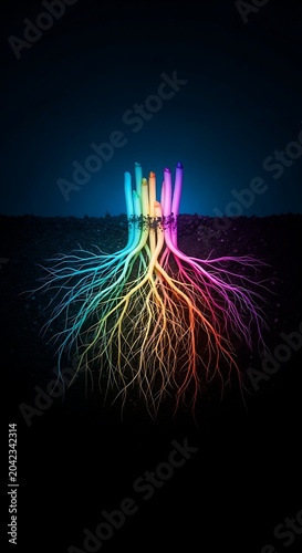 Vibrant, bioluminescent roots branch out into a dark, reflective landscape