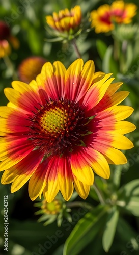 Vibrant blanket flower displays fiery red and yellow petals, center detailed