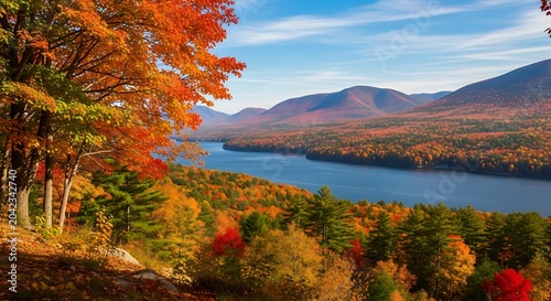 Vibrant autumn foliage paints mountains, a serene lake, and forest under a clear blue sky